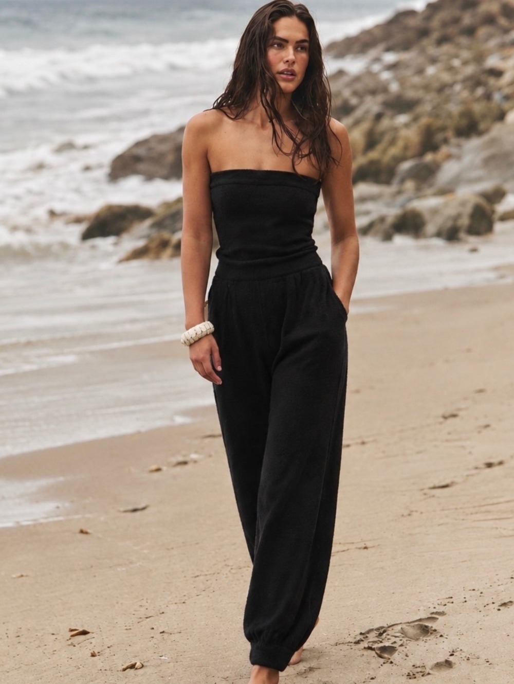 Free People Beach Claire Teddy Plush Strapless Jumpsuit Black Size Small